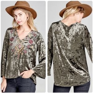Crushed velvet v neck blouse with embroidered yoke